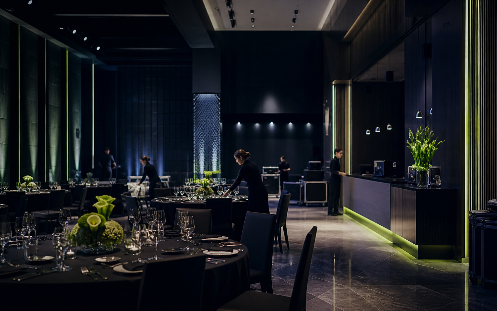 A premium hospitality event space being prepared before guests arrive.